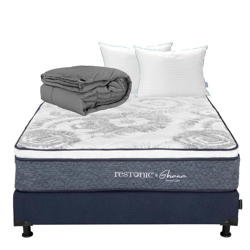 Colchon Individual Restonic Ghana Gris+ Box+ Almohada Royal Twin+ Edredon Homy  RGH