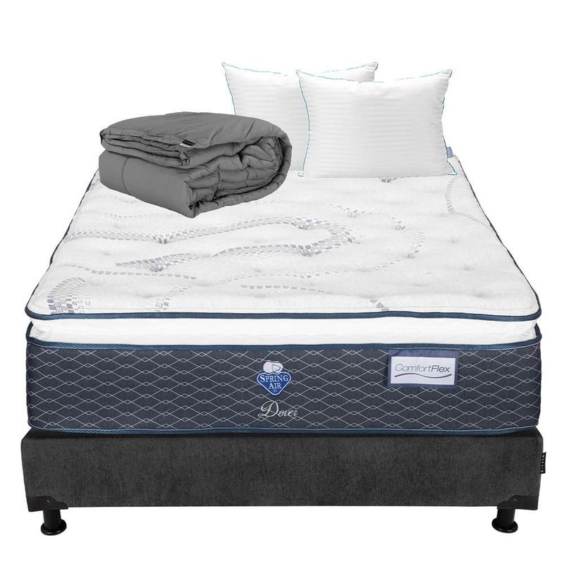 Colchón Matrimonial Spring Air Dover Gris Carbón+ Box+ Almohada Royal Twin+ Edredón Homy RGH