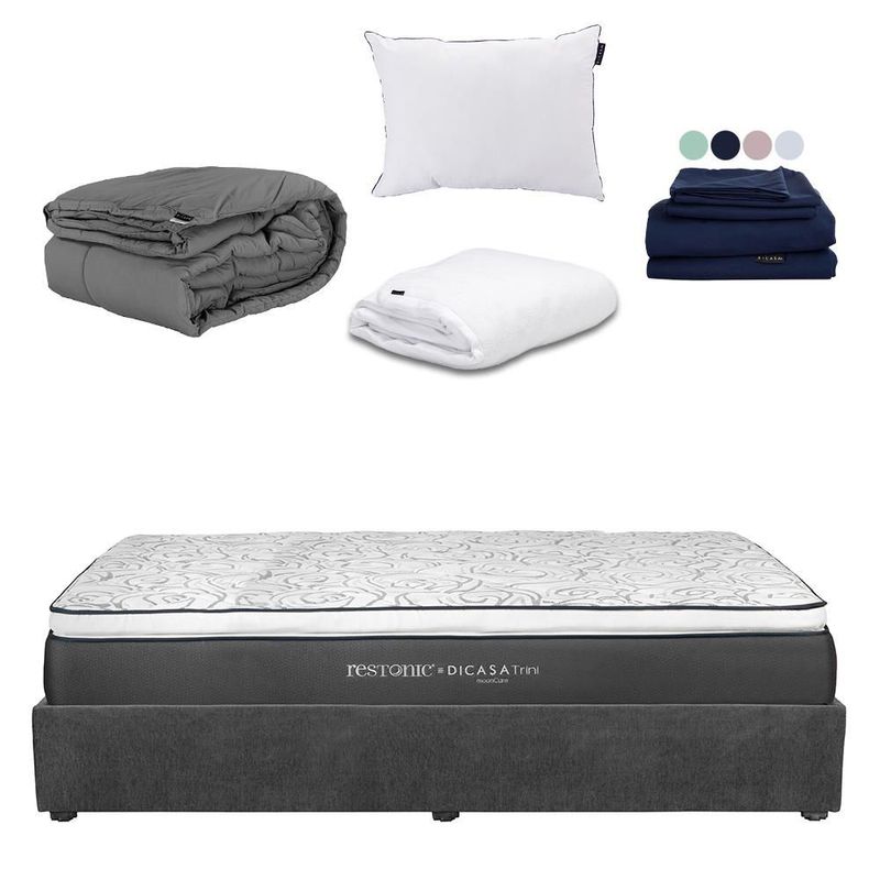 Colchón King Size Restonic Trini Gris+ Base Cama+ Almohada One+ Protector Cloud+ Sabanas Softy+ Edredon Homy RGH