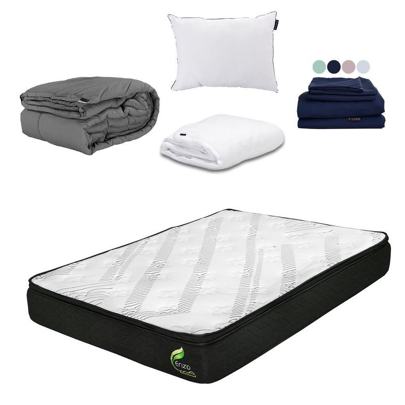 Colchón Matrimonial Restonic Enzo Gris+ Almohada One+ Protector Cloud+ Sabanas Softy+ Edredón Homy CDZ
