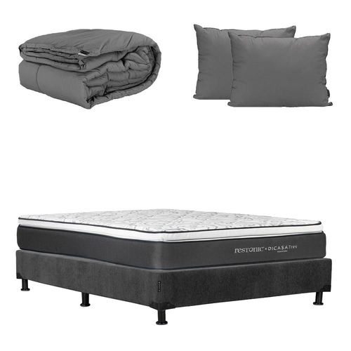 Colchon Restonic Trini Gris Matrimonial+ Box+ Almohada 2Pack+ Edredon Homy CZD