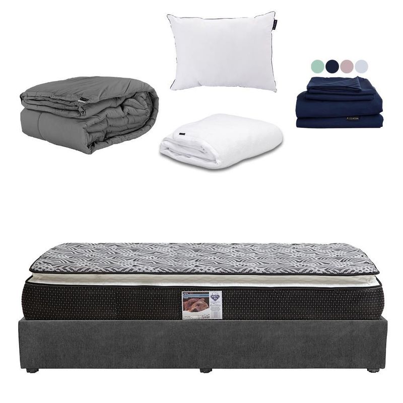 Colchon Omega Spring Air King Size+ Base Cama+ Almohada One+ Protector Cloud+ Sabanas Softy+ Edredon Homy RGH