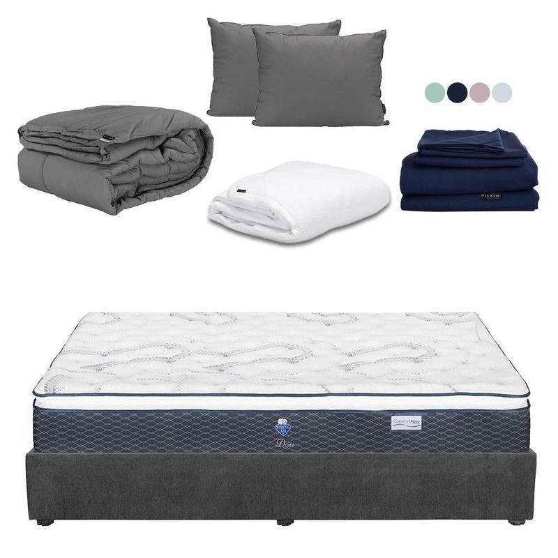 Colchon Spring Air Dover King Size Azul+ Base Cama+ Almohada 2Pack+ Protector Cloud+ Sabanas Softy+ Edredon Homy CDZ