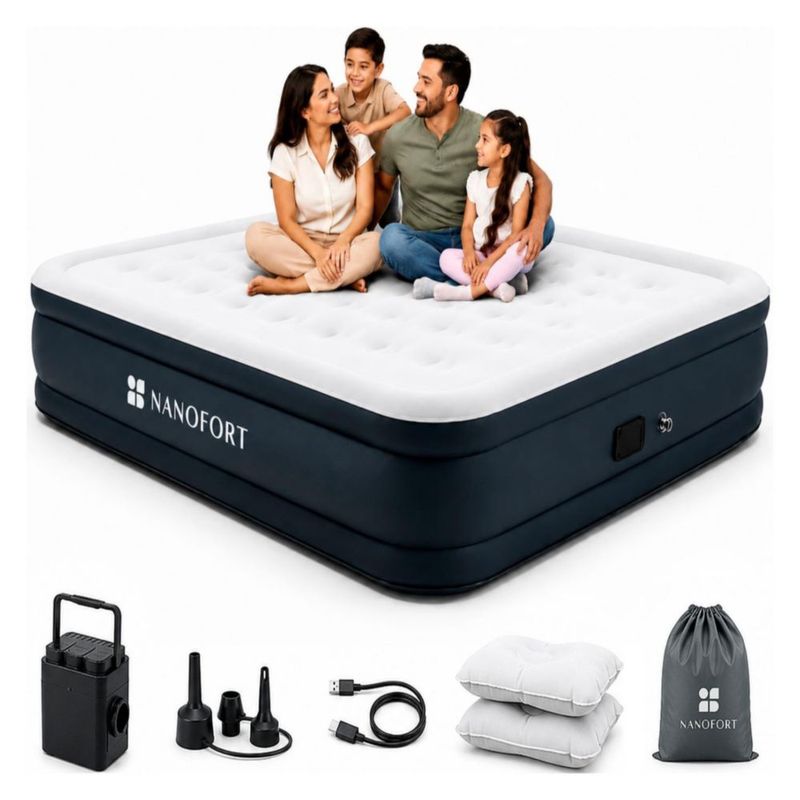 Colchon Inflable Queen Nanofort con Inflado Automatico Soporta 500 kg Cama Portatil Resistente Comoda Ideal para Hogar Visitas Camping y Descanso