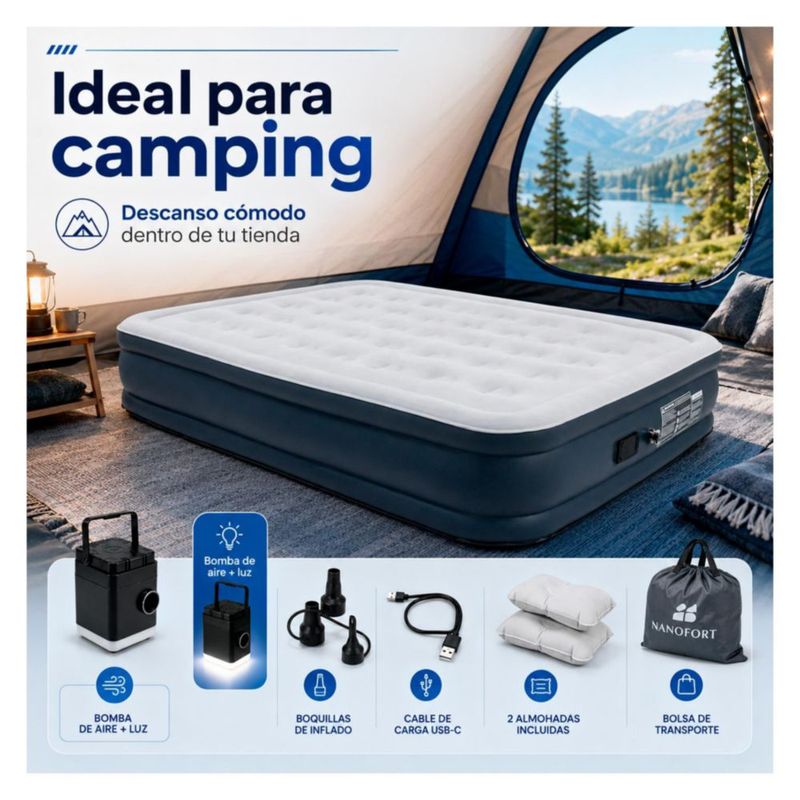 Colchon Inflable Queen Nanofort con Inflado Automatico Soporta 500 kg Cama Portatil Resistente Comoda Ideal para Hogar Visitas Camping y Descanso