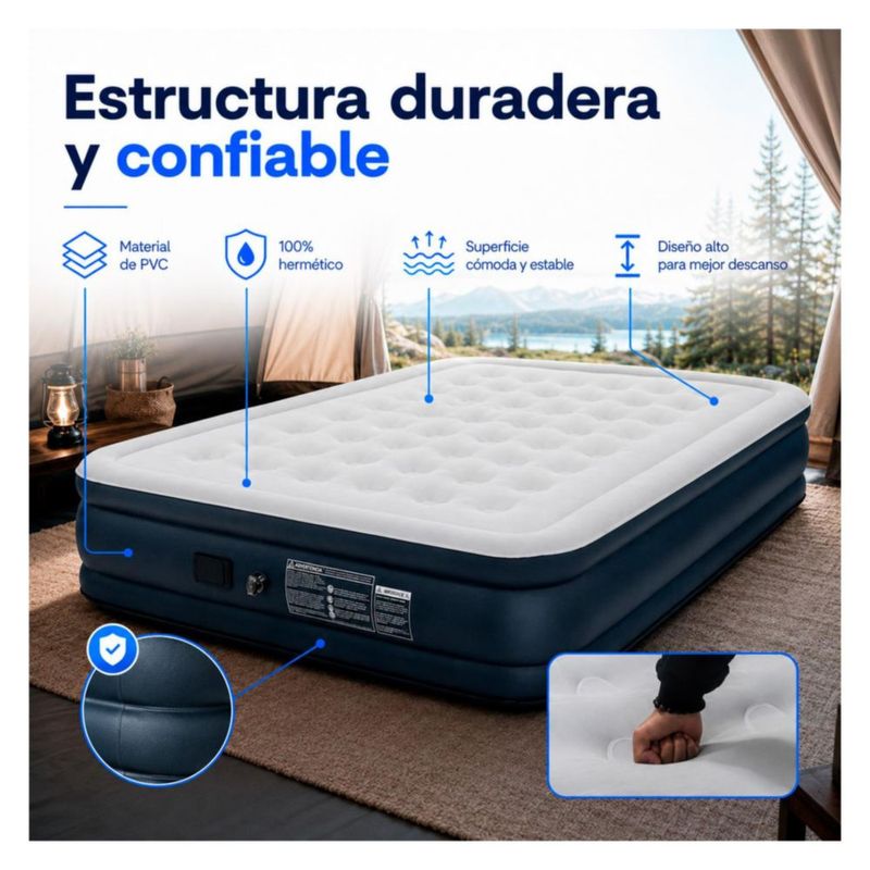 Colchon Inflable Queen Nanofort con Inflado Automatico Soporta 500 kg Cama Portatil Resistente Comoda Ideal para Hogar Visitas Camping y Descanso