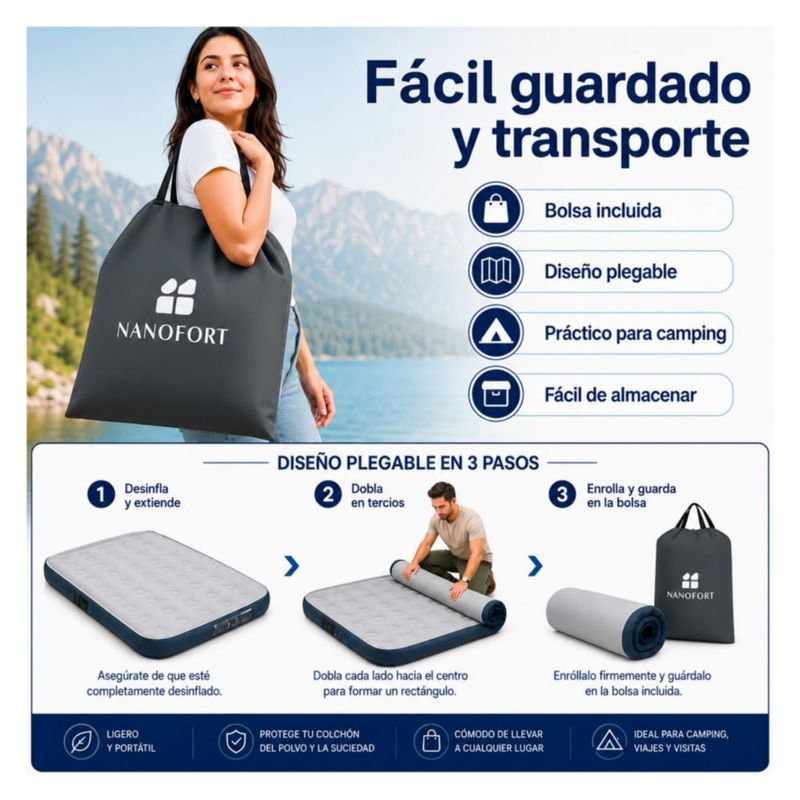 Colchon Inflable Queen Nanofort con Inflado Automatico Soporta 500 kg Cama Portatil Resistente Comoda Ideal para Hogar Visitas Camping y Descanso