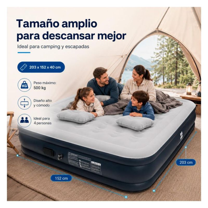 Colchon Inflable Queen Nanofort con Inflado Automatico Soporta 500 kg Cama Portatil Resistente Comoda Ideal para Hogar Visitas Camping y Descanso