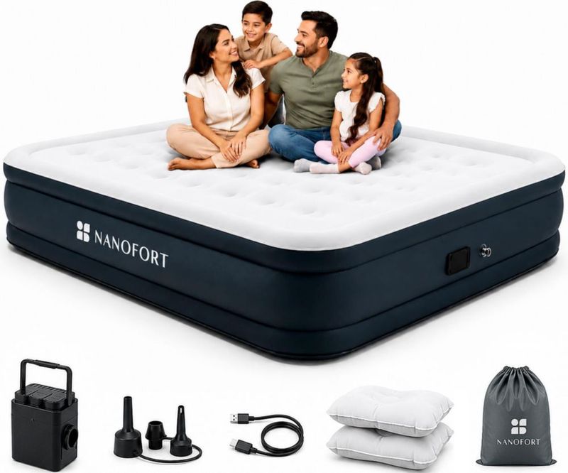 Colchon Inflable Queen Nanofort con Inflado Automatico Soporta 500 kg Cama Portatil Resistente Comoda Ideal para Hogar Visitas Camping y Descanso