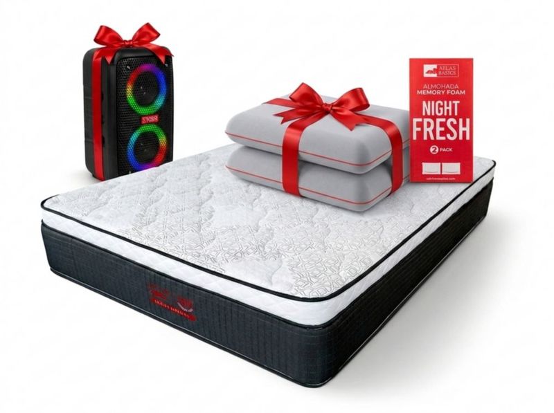 Colchón King Size 80 Aniversario Atlas del Descanso +  2 Almohadas y Bocina de Regalo