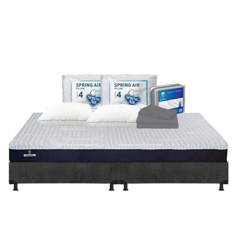 Colchón en Caja King Size Spring Air Therapy + Box + 2 Almohadas Osos + Sábanas Basic TRY