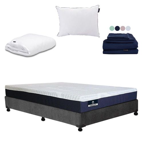 Colchon Queen Size Spring Air Therapy Azul+ Box+ Almohada One+ Protector Cloud+ Sabanas Softy RGH