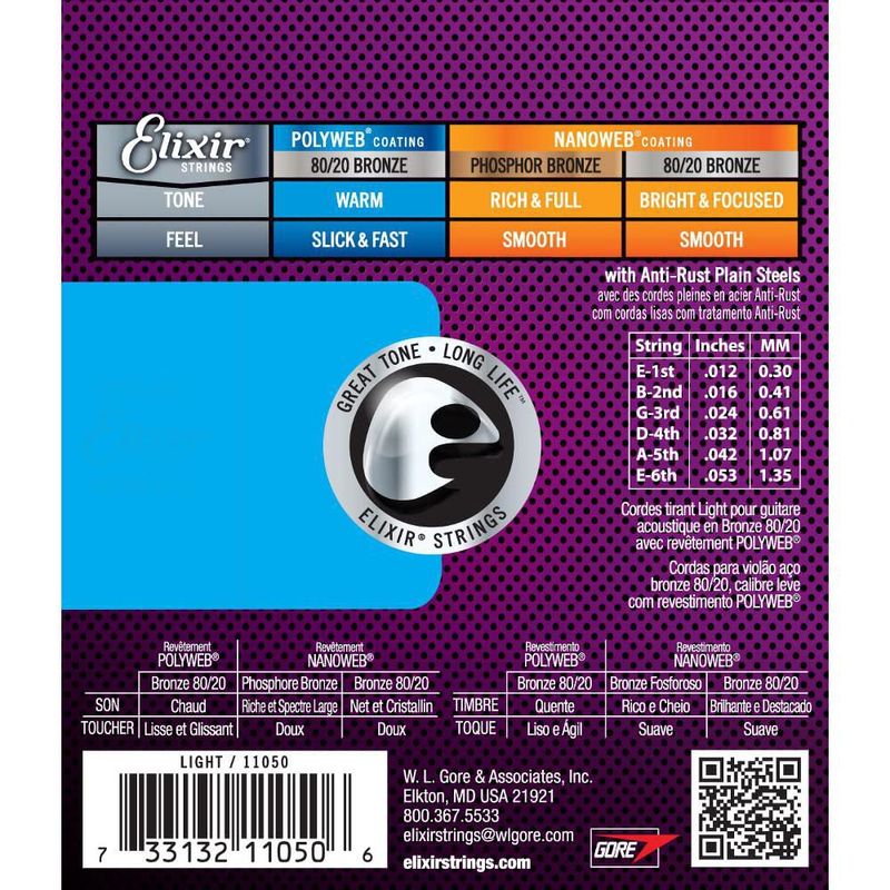 Cuerdas de guitarra Elixir 12-53 recubiertas con Polyweb - Pack de 3