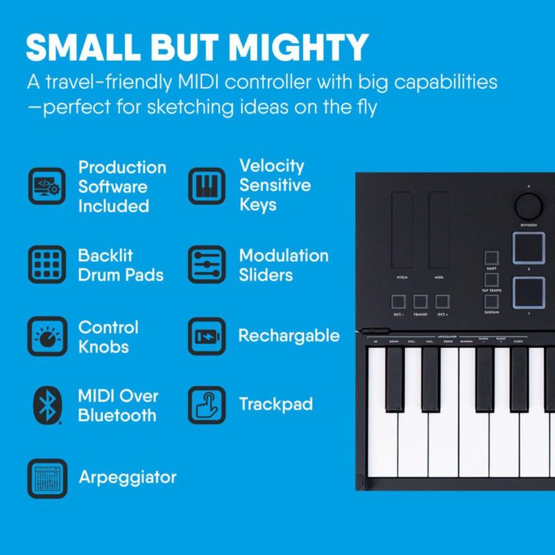 Controlador MIDI Carry‑on de 25 teclas plegable con Bluetooth y USB