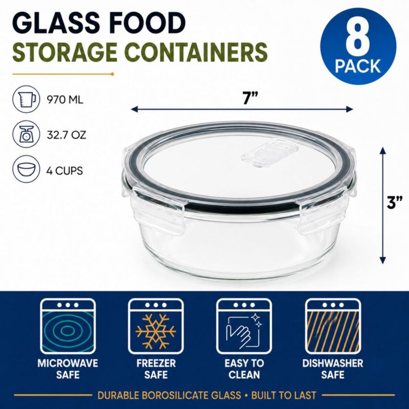 Juego de 8 recipientes de vidrio para alimentos Sorbus 970 ml con tapa ventilada gris