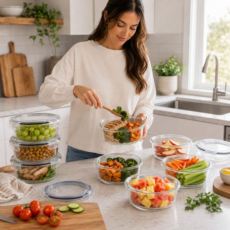 Juego de 8 recipientes de vidrio para alimentos Sorbus 970 ml con tapa ventilada gris