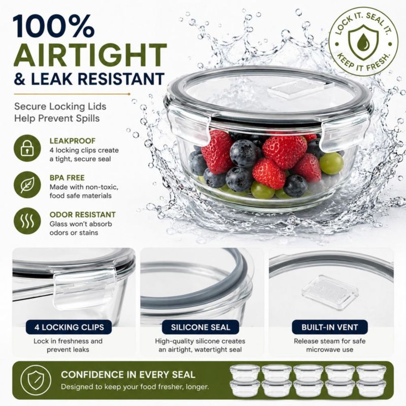 Juego de 8 recipientes de vidrio para alimentos Sorbus 970 ml con tapa ventilada gris