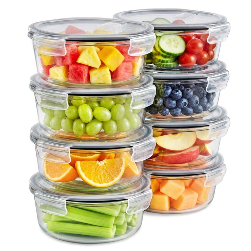 Juego de 8 recipientes de vidrio para alimentos Sorbus 970 ml con tapa ventilada gris