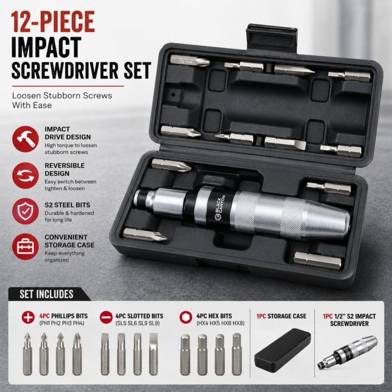 Destornillador de Impacto Manual BLACK CANYON 1/2" Juego de 12 Puntas