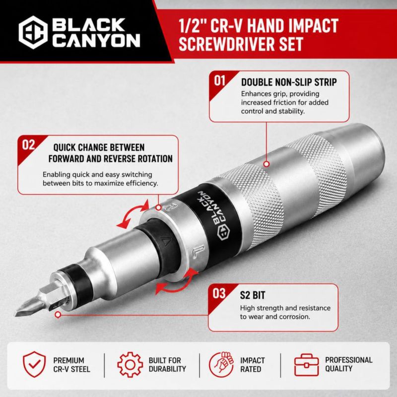 Destornillador de Impacto Manual BLACK CANYON 1/2" Juego de 12 Puntas