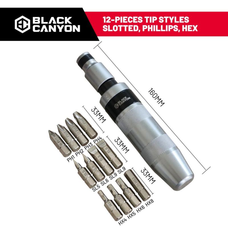 Destornillador de Impacto Manual BLACK CANYON 1/2" Juego de 12 Puntas