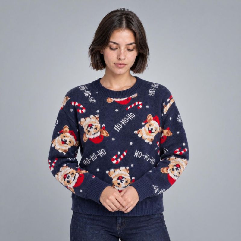 Suéter Navideño Con Estampado Azul Marino Para Mujer Quarry