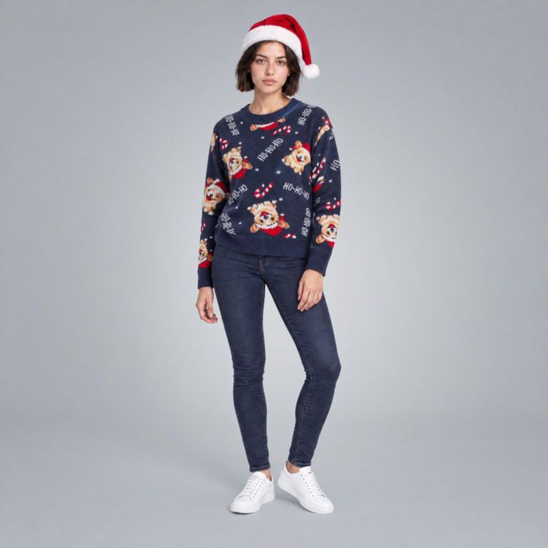 Suéter Navideño Con Estampado Azul Marino Para Mujer Quarry