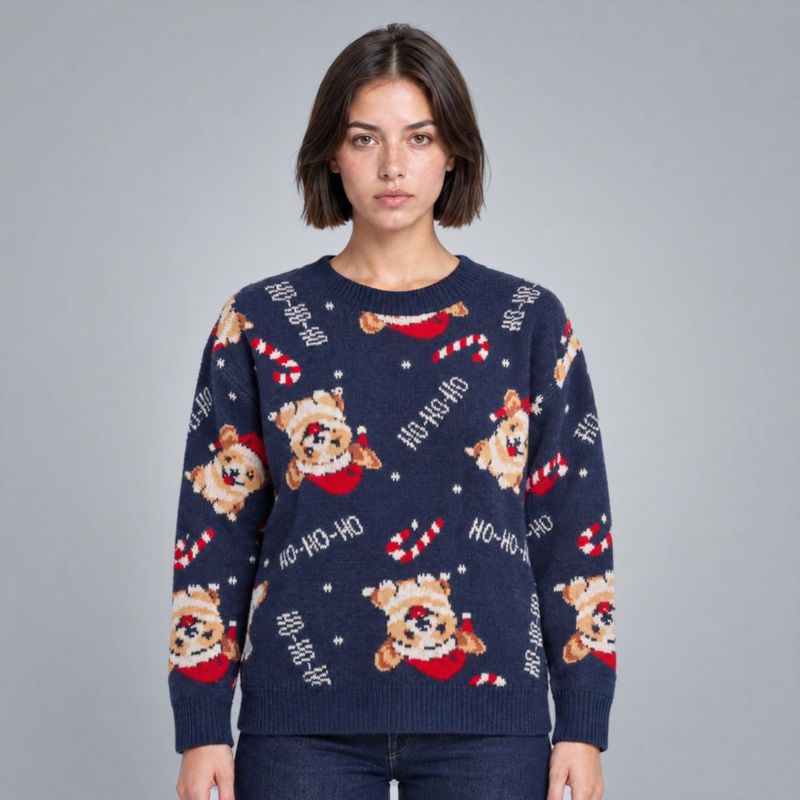 Suéter Navideño Con Estampado Azul Marino Para Mujer Quarry