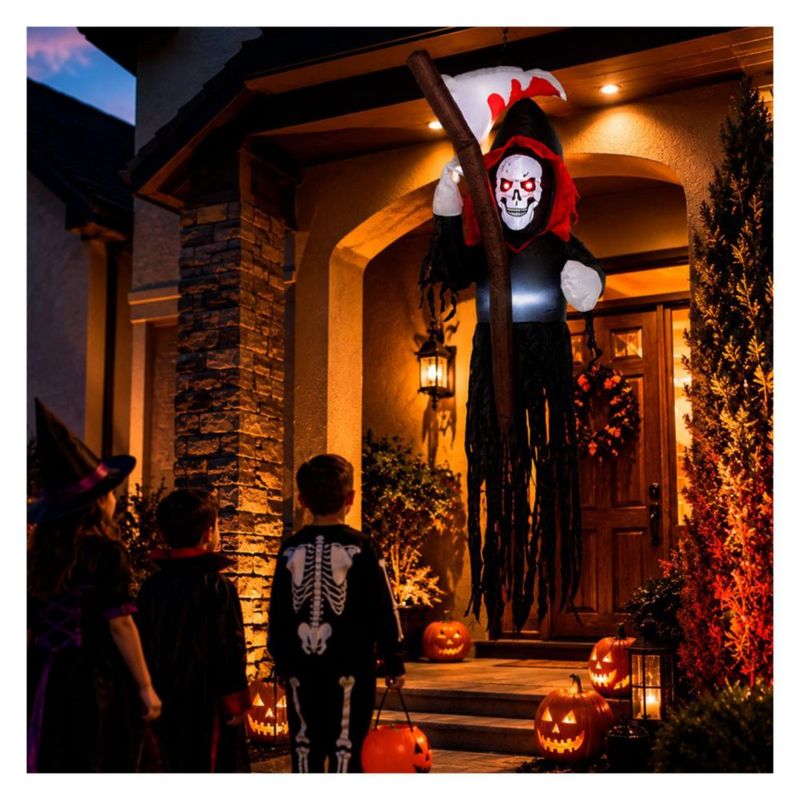 Inflable Halloween Parca Esqueleto Gigante 180cm con Guadana Luz LED Decoracion Exterior Jardin Patio Casa Fiesta Evento Adorno Terror Halloween