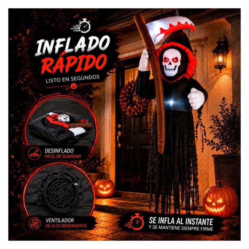 Inflable Halloween Parca Esqueleto Gigante 180cm con Guadana Luz LED Decoracion Exterior Jardin Patio Casa Fiesta Evento Adorno Terror Halloween