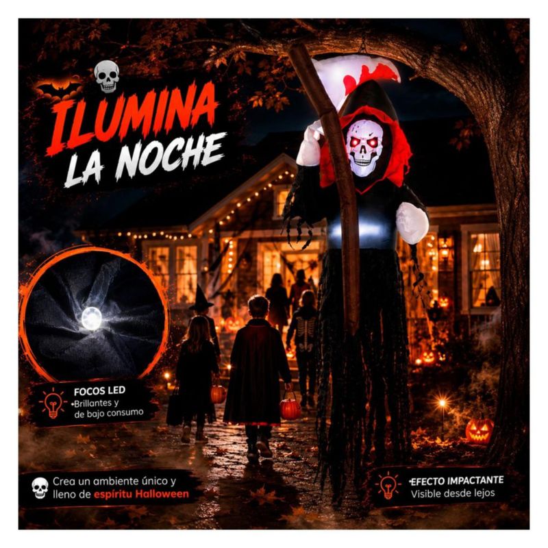 Inflable Halloween Parca Esqueleto Gigante 180cm con Guadana Luz LED Decoracion Exterior Jardin Patio Casa Fiesta Evento Adorno Terror Halloween