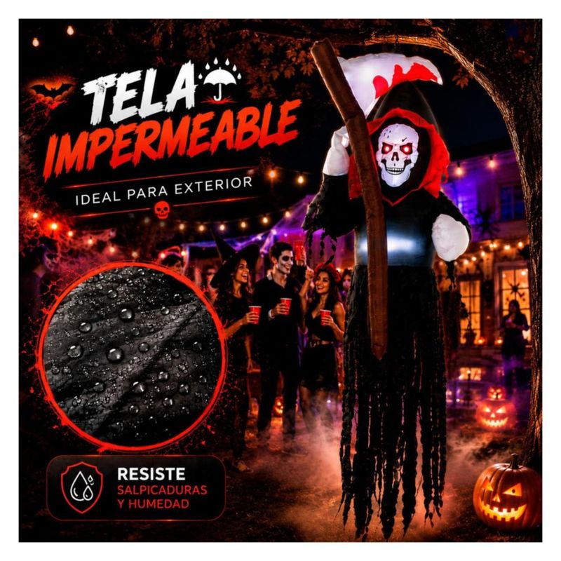 Inflable Halloween Parca Esqueleto Gigante 180cm con Guadana Luz LED Decoracion Exterior Jardin Patio Casa Fiesta Evento Adorno Terror Halloween