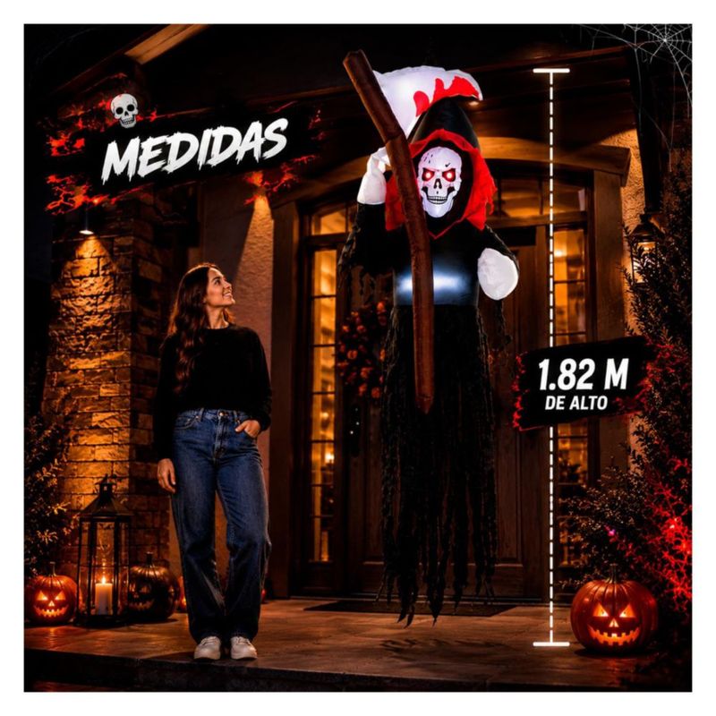 Inflable Halloween Parca Esqueleto Gigante 180cm con Guadana Luz LED Decoracion Exterior Jardin Patio Casa Fiesta Evento Adorno Terror Halloween