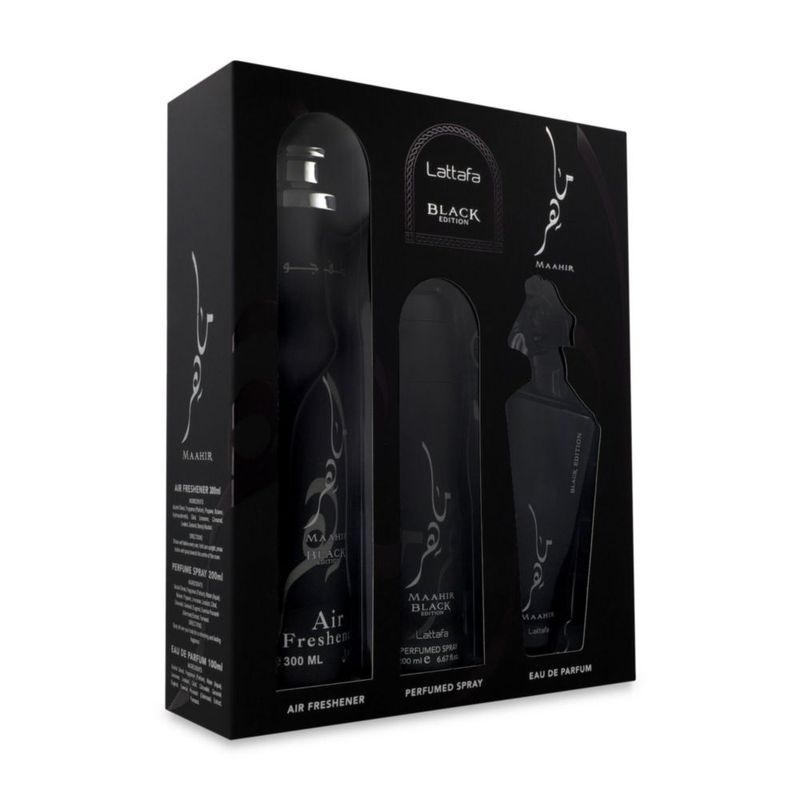 Set Lattafa Maahir Black Edition 3Pzs-Fragancia 100Ml Edp Spray/ Desodorante Spray 200Ml/ Air Freshener 300Ml Spray
