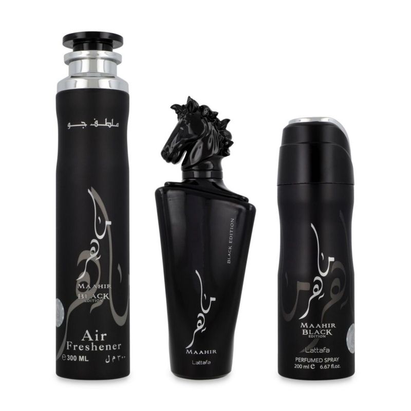 Set Lattafa Maahir Black Edition 3Pzs-Fragancia 100Ml Edp Spray/ Desodorante Spray 200Ml/ Air Freshener 300Ml Spray