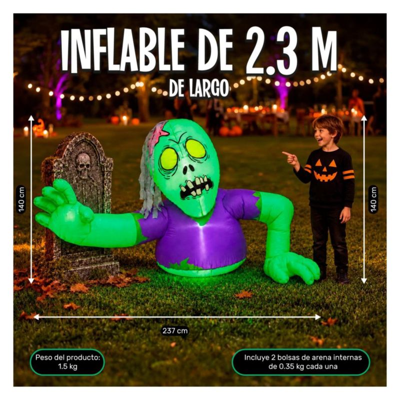 Inflable Halloween Zombie Gigante Emergente 140cm JARDIMEX con Luces LED Decoracion Terror para Exterior Jardin Patio Casa Fiesta Halloween