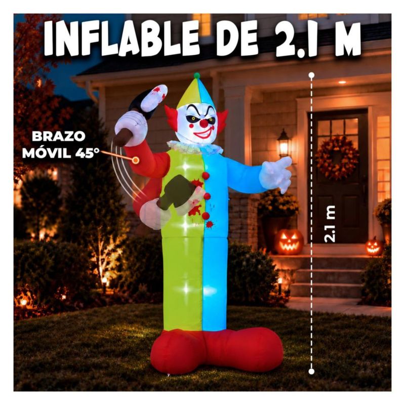 Inflable Halloween Payaso Terrorifico Gigante 210cm con Hacha Luz LED Decoracion Exterior Jardin Patio Casa Fiesta Evento Adorno Terror Halloween
