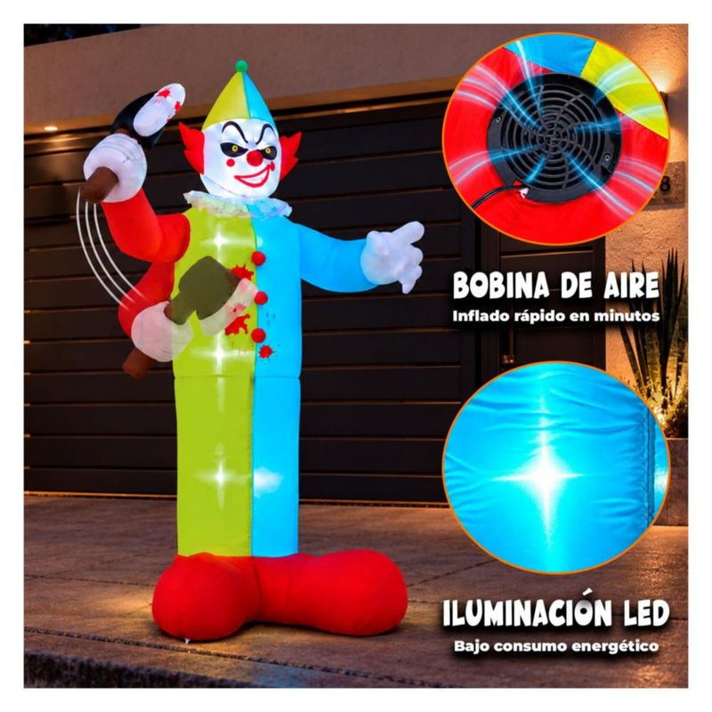 Inflable Halloween Payaso Terrorifico Gigante 210cm con Hacha Luz LED Decoracion Exterior Jardin Patio Casa Fiesta Evento Adorno Terror Halloween