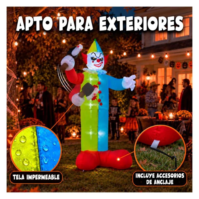 Inflable Halloween Payaso Terrorifico Gigante 210cm con Hacha Luz LED Decoracion Exterior Jardin Patio Casa Fiesta Evento Adorno Terror Halloween