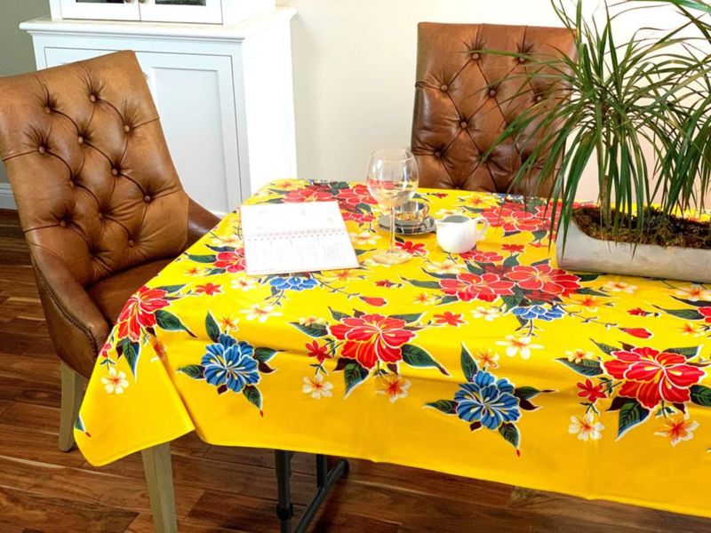Mantel First Choice Vinyls 140 cm Circular Amarillo con Hibisco