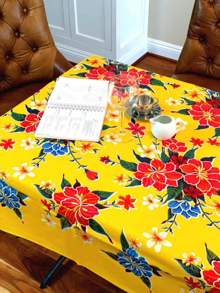 Mantel First Choice Vinyls 140 cm Circular Amarillo con Hibisco