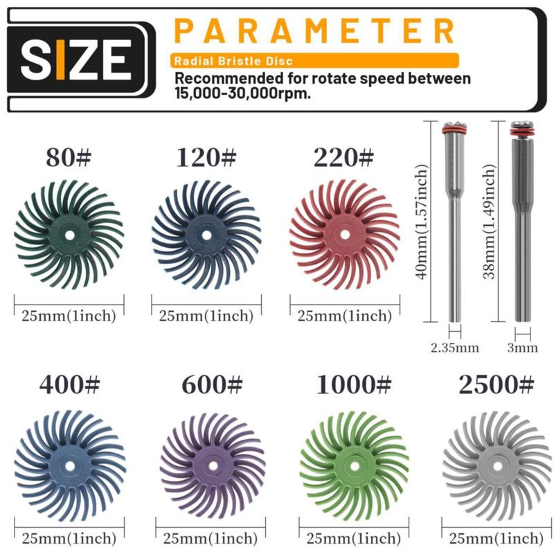 Kit de discos de cerdas radiales Junchamp 25 mm 76 piezas con eje 1/8 "