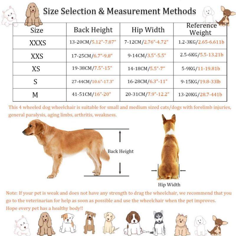 Silla de ruedas para perros RUIFAR de 4 ruedas ajustable (S)