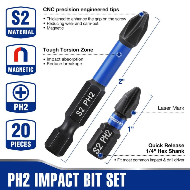 Juego de puntas de destornillador WORKPRO PH2 25 cm y 5 cm 16 piezas