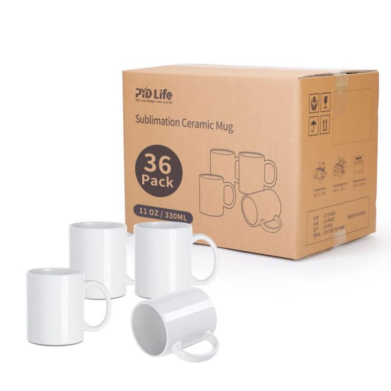 PYD Life Pack de 36 Tazas en Blanco para Sublimación de 11 OZ Cerámica a Granel