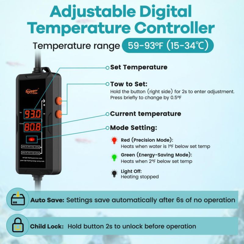 Calentador sumergible para acuario hygger 500W 65–130 gal (controlador)