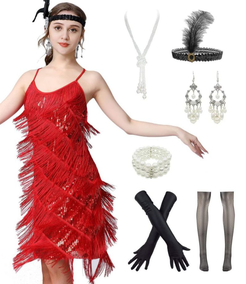 Vestido Flapper YEMILL estilo Gatsby de los años 1920 negro/rojo