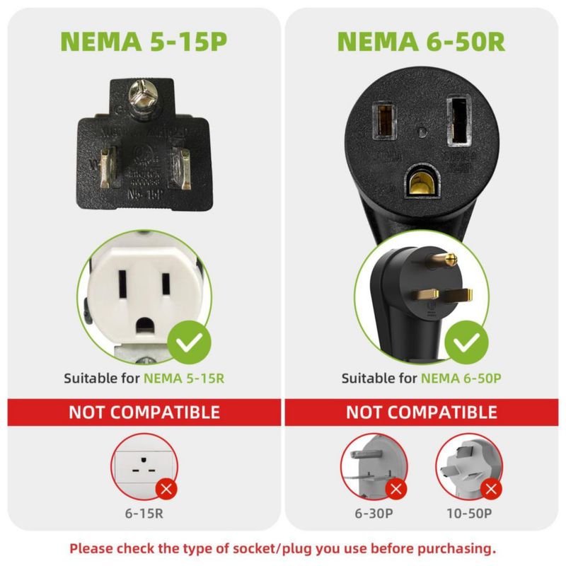Cable de alimentación Portvoi 30 cm 50 A NEMA 5-15P a 6-50R