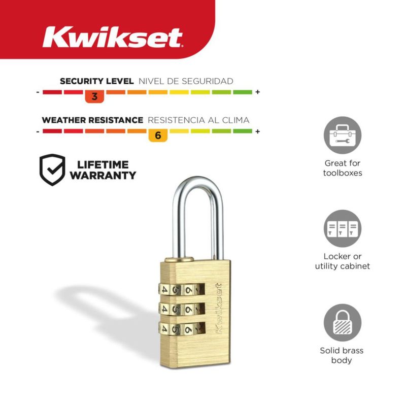 Candado Kwikset de 3 dígitos grillete de 29 cm cuerpo de 1 pulgada latón
