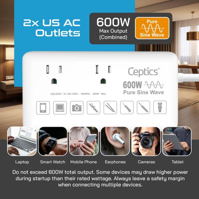 Convertidor de voltaje Ceptics 600W 220V a 110V con 6 enchufes y USB
